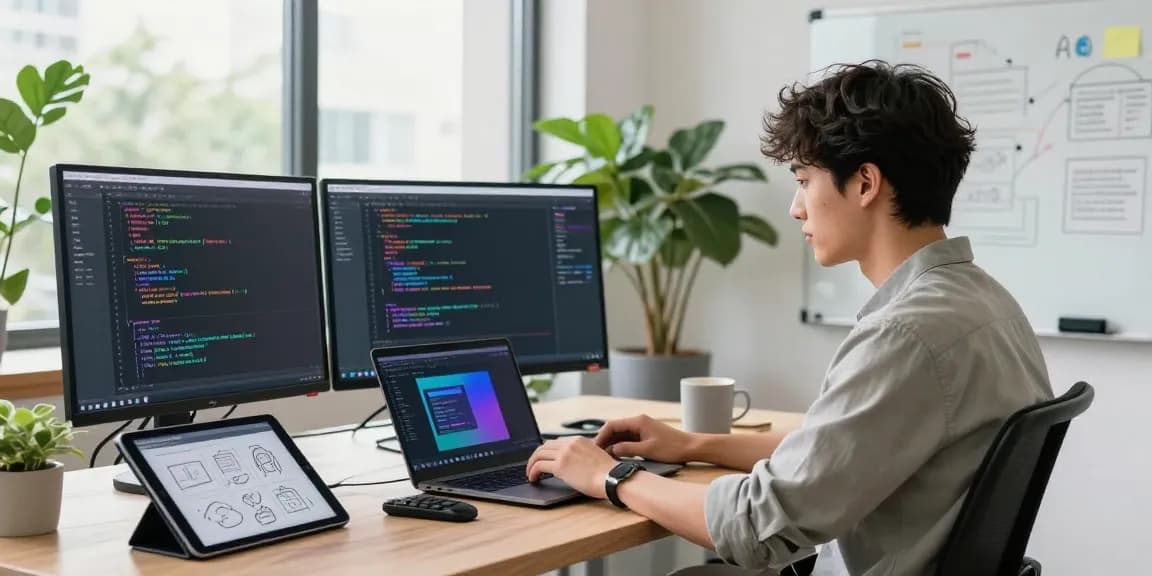 Crush on AI development scene in a modern tech workspace with vibrant coding.