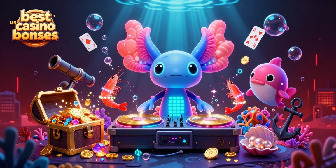 Experience the excitement of the best us casino bonuses with vibrant underwater scenes featuring a DJ axolotl and party shrimp.