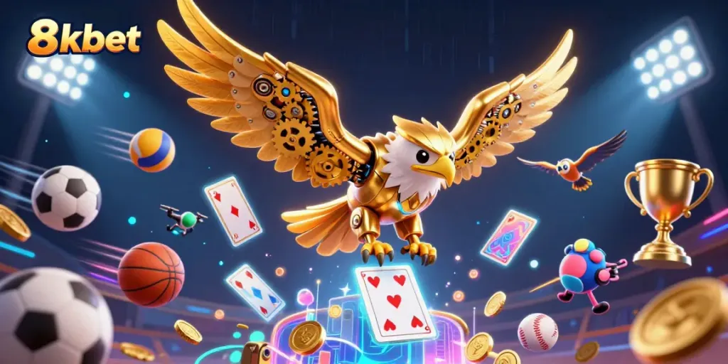 Engage in thrilling sports action with 8xbet as a cybernetic golden eagle pierces through holographic cards.