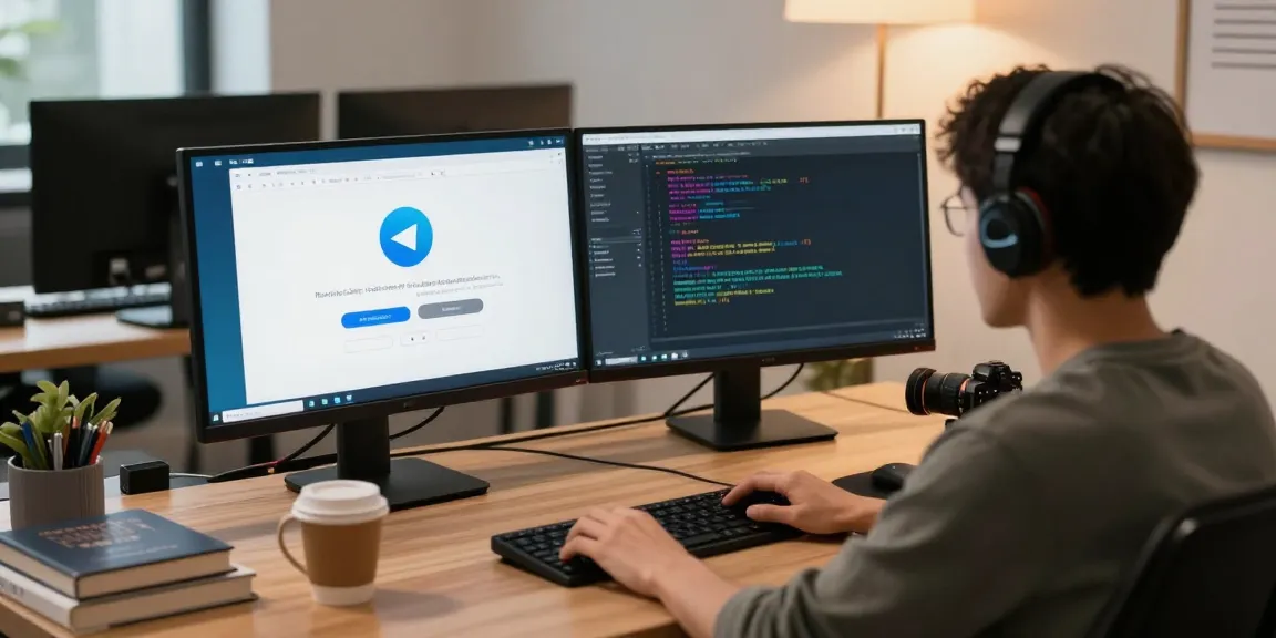 Developer configuring Telegram Chinese settings in a modern office environment, laptops showcasing interface changes and programming.