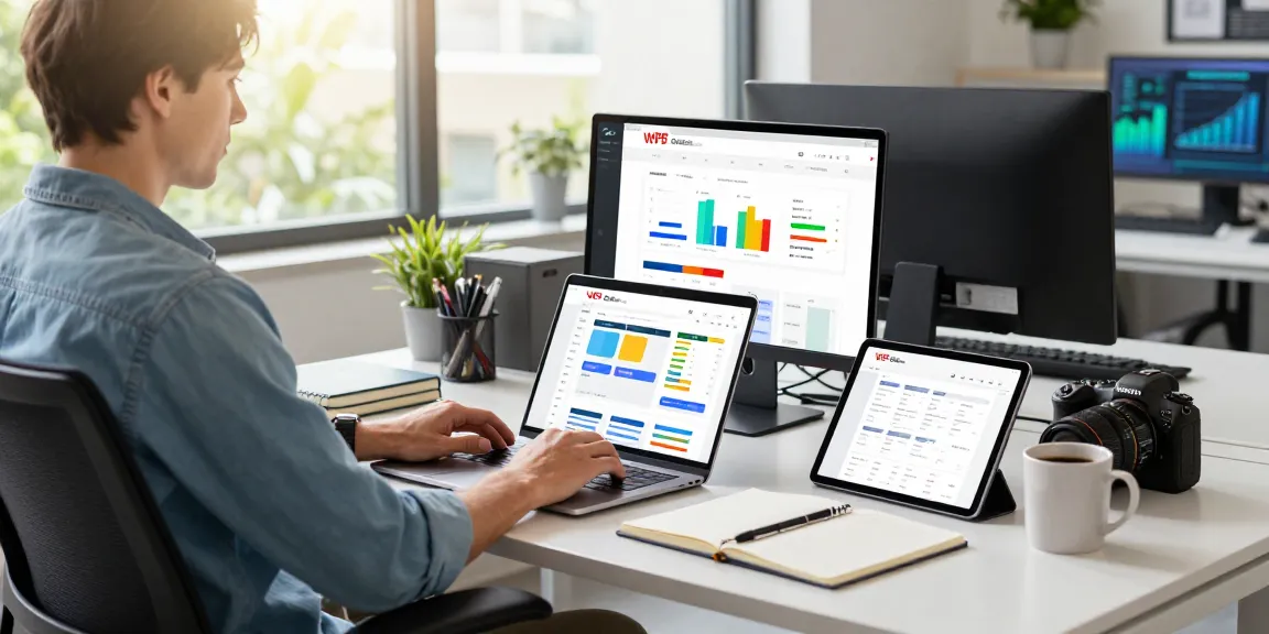 Professional using WPS Official Website on laptop in a modern office