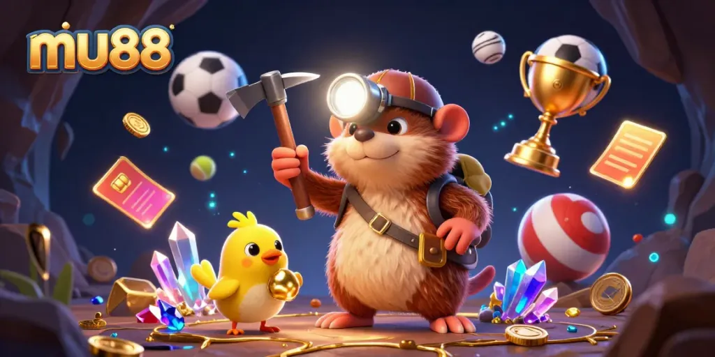 Experience gaming excitement at mu88 with vibrant illustrations of treasure hunting and sports.