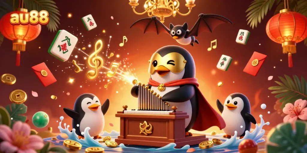 Play games at au88 with a vibrant scene of a golden-masked penguin and festive elements.