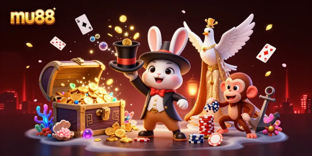 Experience magical wins at mu88, featuring a cartoon magician pulling coins, surrounded by casino elements.